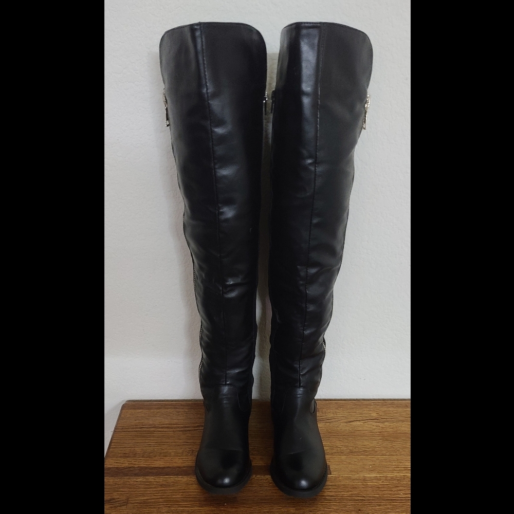Zoey Black Faux Leather Over the Knee Stretch Calf Tall Boots Dual Zipper Size 8